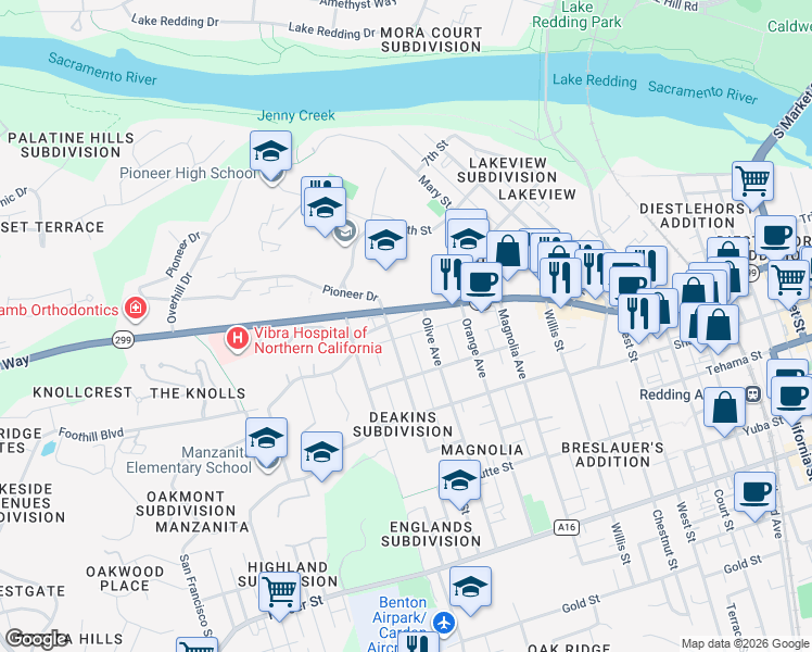 map of restaurants, bars, coffee shops, grocery stores, and more near 2485 Old Eureka Way in Redding