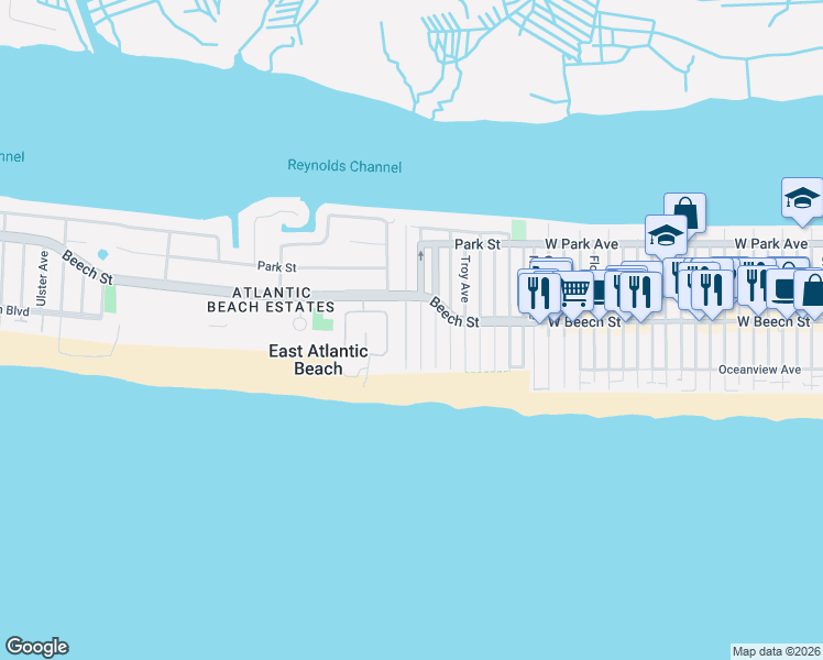 map of restaurants, bars, coffee shops, grocery stores, and more near 29 Malone Avenue in East Atlantic Beach