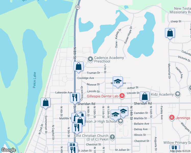 map of restaurants, bars, coffee shops, grocery stores, and more near 1010 Coolidge Avenue in Pekin