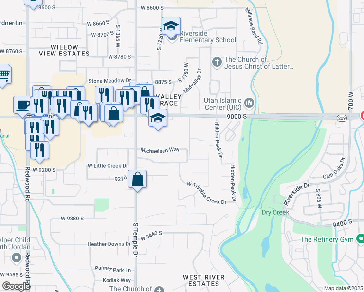 map of restaurants, bars, coffee shops, grocery stores, and more near 1168 Michaelsen Way in West Jordan