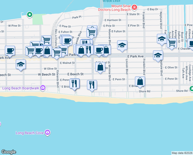 map of restaurants, bars, coffee shops, grocery stores, and more near 211 East Penn Street in Long Beach