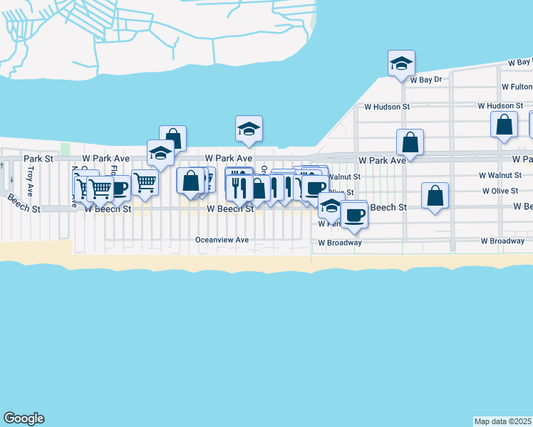 map of restaurants, bars, coffee shops, grocery stores, and more near 44 Arizona Avenue in Long Beach