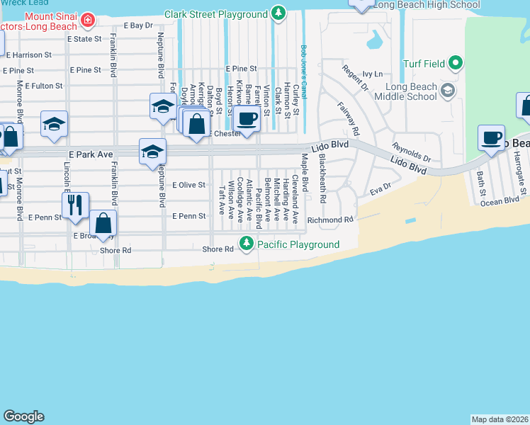 map of restaurants, bars, coffee shops, grocery stores, and more near 113 Belmont Avenue in Long Beach