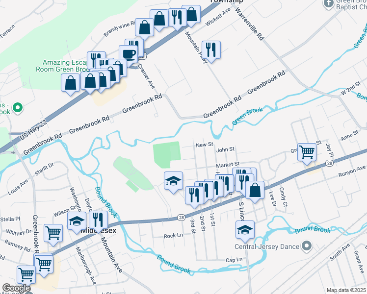 map of restaurants, bars, coffee shops, grocery stores, and more near 13 New Street in Middlesex