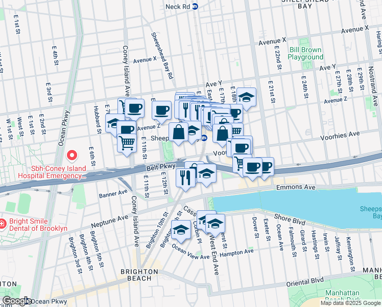 map of restaurants, bars, coffee shops, grocery stores, and more near 3255 Shore Parkway in Brooklyn