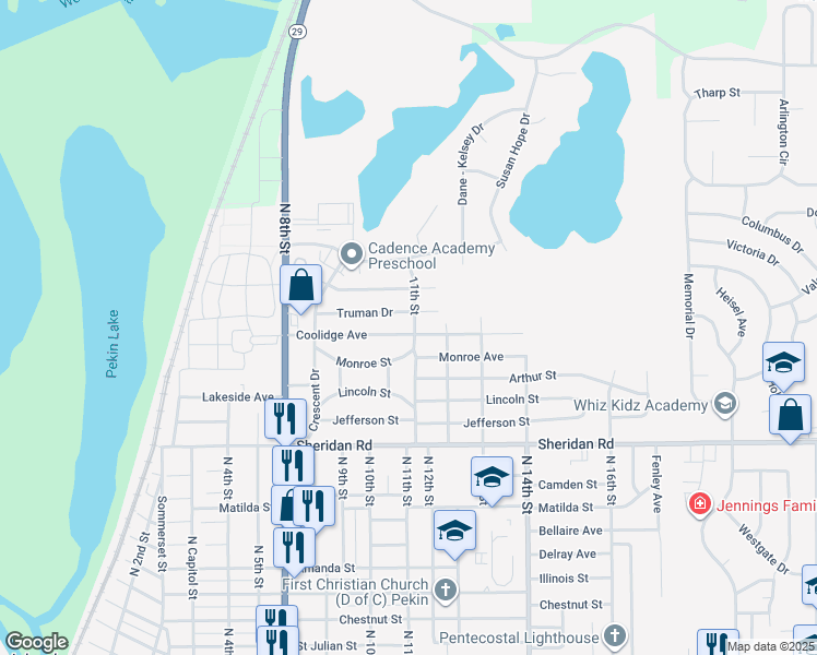 map of restaurants, bars, coffee shops, grocery stores, and more near 1102 Coolidge Ave in Pekin