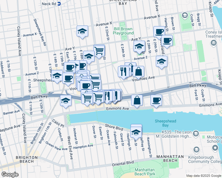 map of restaurants, bars, coffee shops, grocery stores, and more near 2122 Kenmore Court in Brooklyn