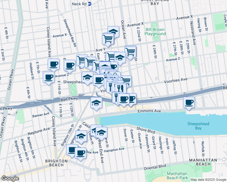 map of restaurants, bars, coffee shops, grocery stores, and more near 1705 Sheepshead Bay Road in Brooklyn
