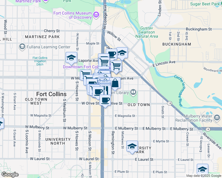 map of restaurants, bars, coffee shops, grocery stores, and more near 200 South College Avenue in Fort Collins