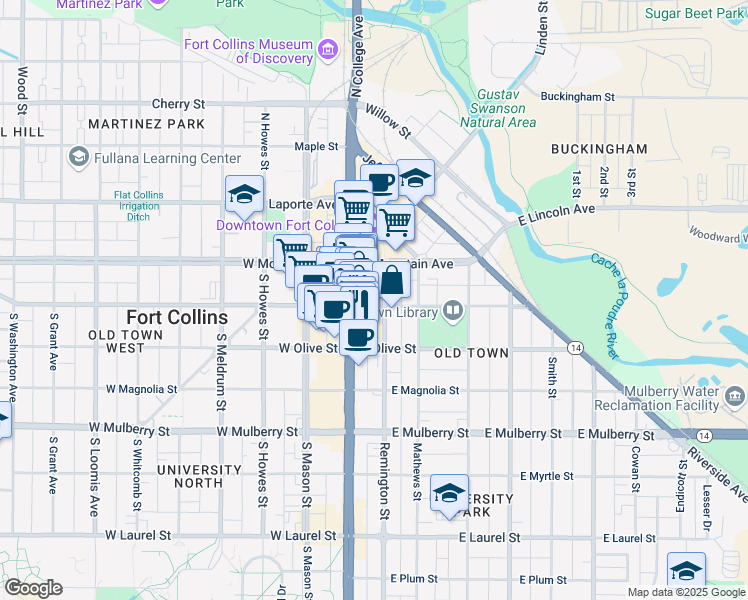 map of restaurants, bars, coffee shops, grocery stores, and more near 200 South College Avenue in Fort Collins