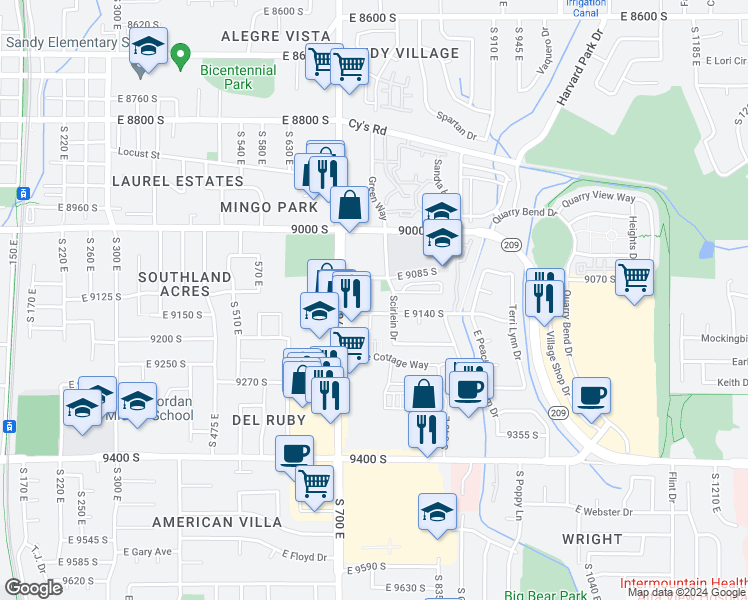 map of restaurants, bars, coffee shops, grocery stores, and more near 9130 Scirlein Drive in Sandy