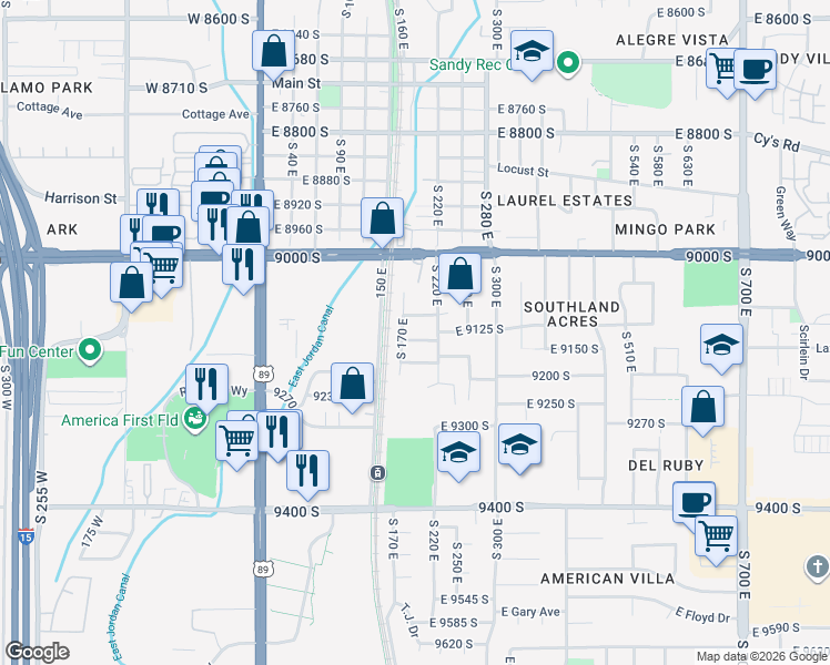 map of restaurants, bars, coffee shops, grocery stores, and more near 188 East 9140 South in Sandy