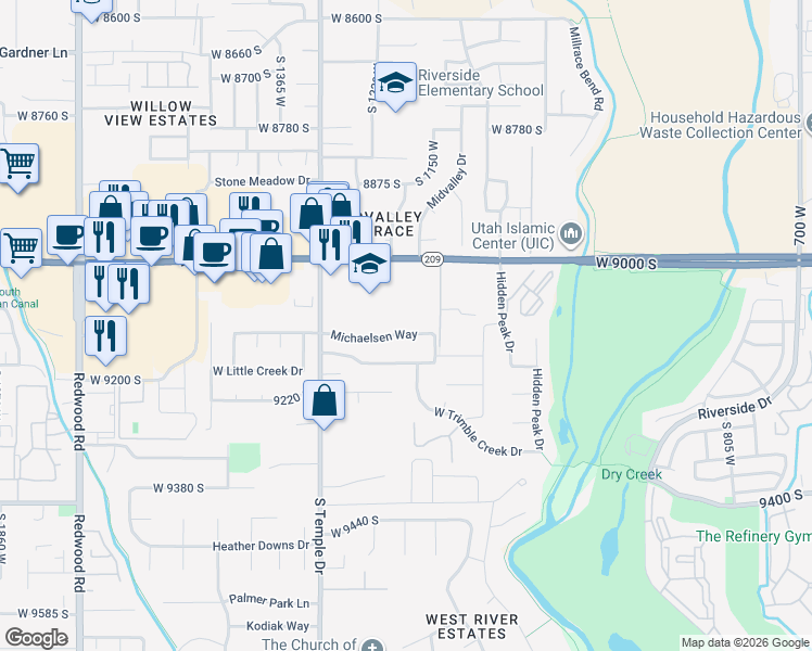map of restaurants, bars, coffee shops, grocery stores, and more near 1183 Michaelsen Way in West Jordan