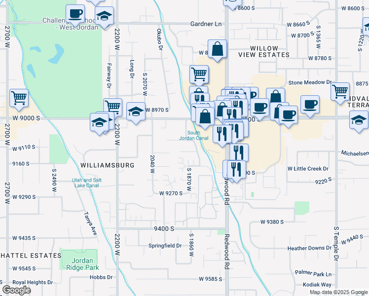 map of restaurants, bars, coffee shops, grocery stores, and more near 1872 Gallup Circle in West Jordan