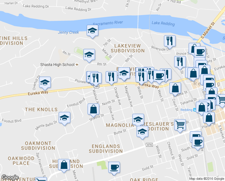 map of restaurants, bars, coffee shops, grocery stores, and more near 1176 Orange Avenue in Redding