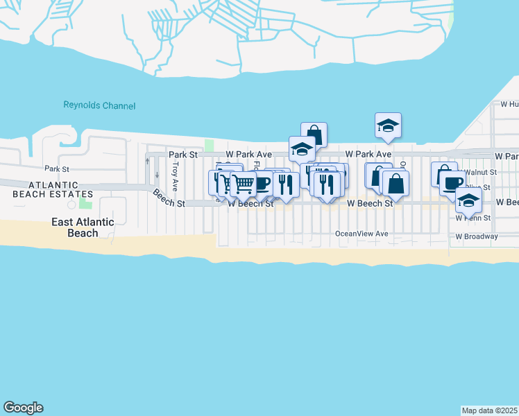 map of restaurants, bars, coffee shops, grocery stores, and more near 44 Georgia Avenue in Long Beach