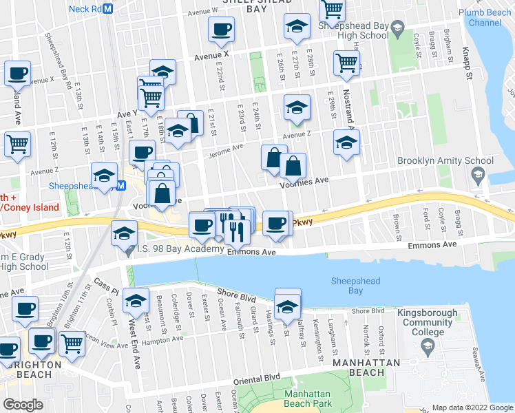 map of restaurants, bars, coffee shops, grocery stores, and more near 2750 East 23rd Street in Brooklyn