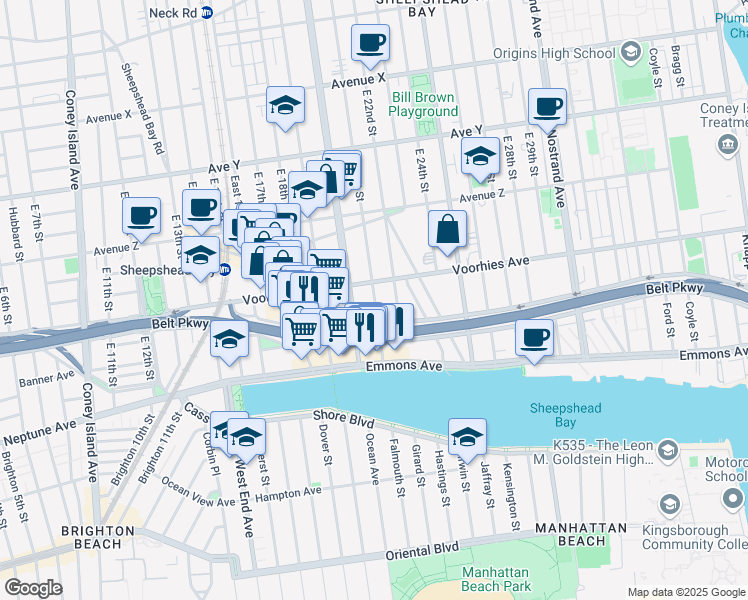 map of restaurants, bars, coffee shops, grocery stores, and more near 3093 Ocean Avenue in Brooklyn