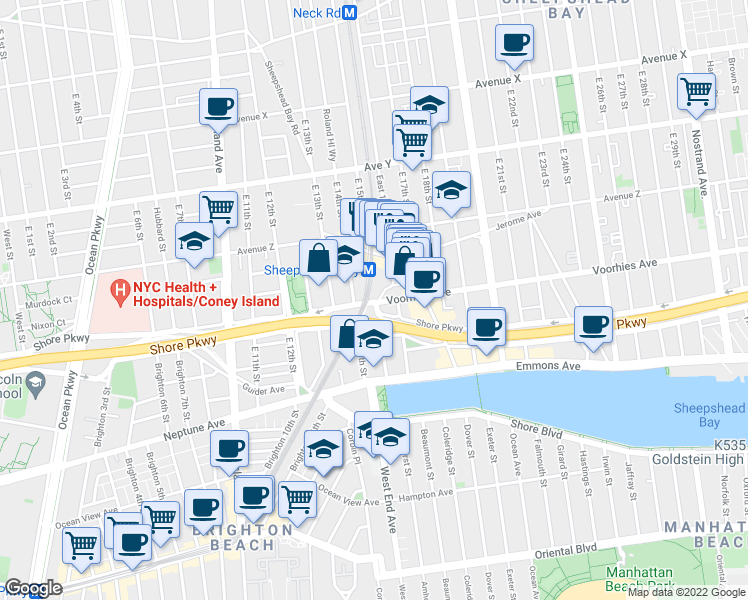 map of restaurants, bars, coffee shops, grocery stores, and more near 1513 Voorhies Avenue in Brooklyn