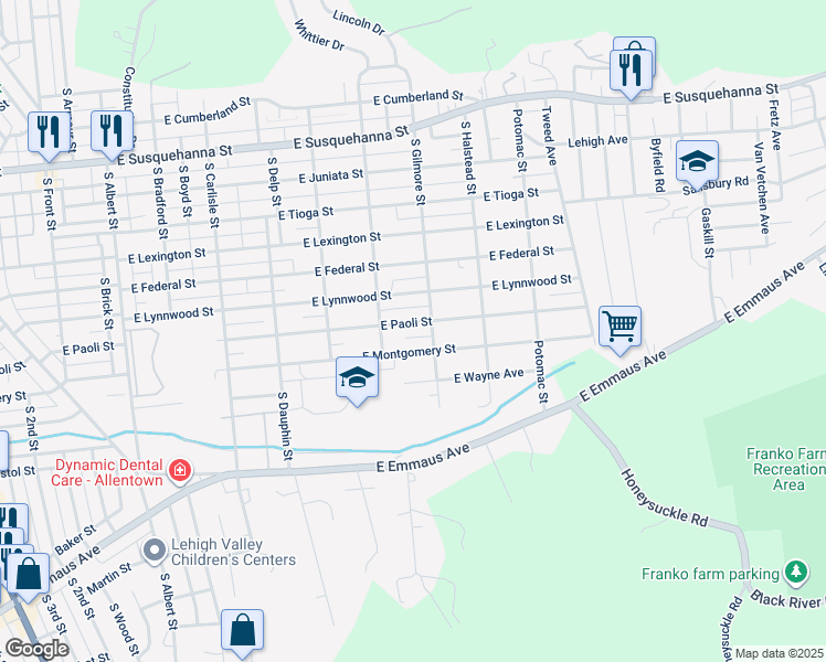 map of restaurants, bars, coffee shops, grocery stores, and more near 607 East Montgomery Street in Allentown