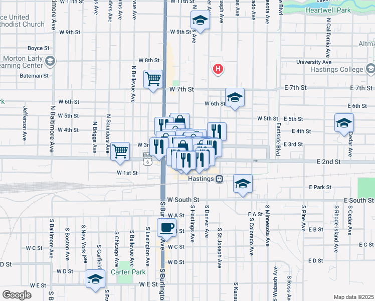 map of restaurants, bars, coffee shops, grocery stores, and more near 742 West 2nd Street in Hastings