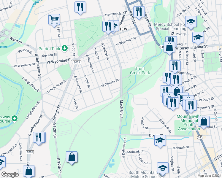 map of restaurants, bars, coffee shops, grocery stores, and more near 849 West Tioga Street in Allentown