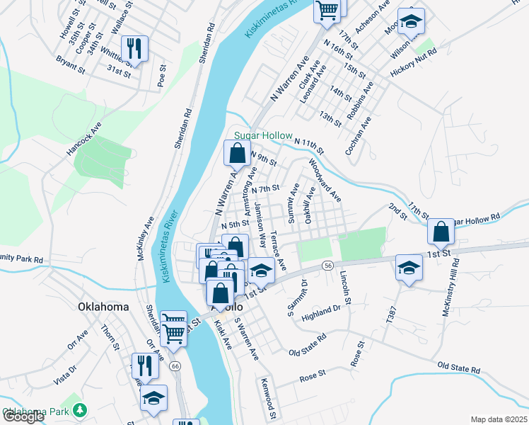 map of restaurants, bars, coffee shops, grocery stores, and more near 510 North 5th Street in Apollo