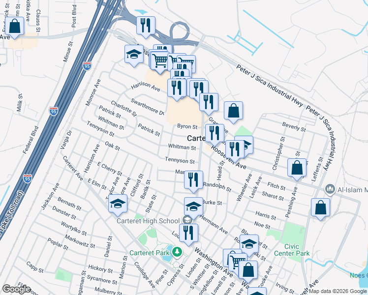 map of restaurants, bars, coffee shops, grocery stores, and more near 17 Whitman Street in Carteret