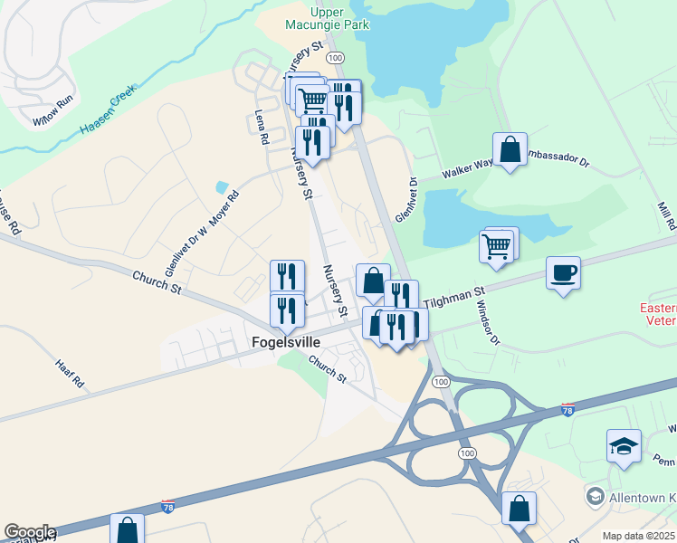 map of restaurants, bars, coffee shops, grocery stores, and more near 7731 Lime Street in Fogelsville