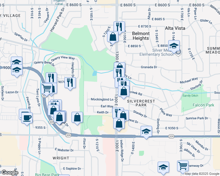 map of restaurants, bars, coffee shops, grocery stores, and more near 7588 South Quail Creek Circle in Sandy