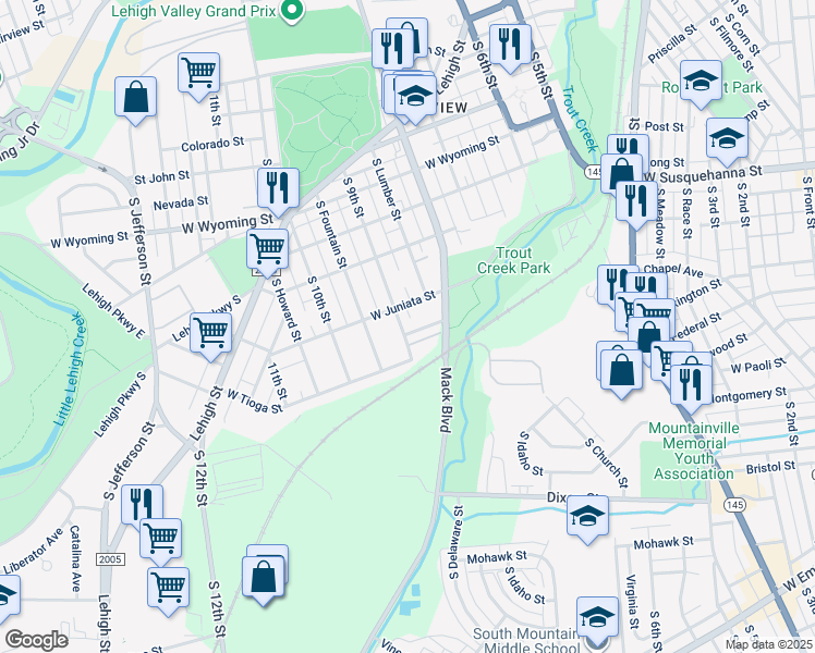 map of restaurants, bars, coffee shops, grocery stores, and more near 849 West Tioga Street in Allentown