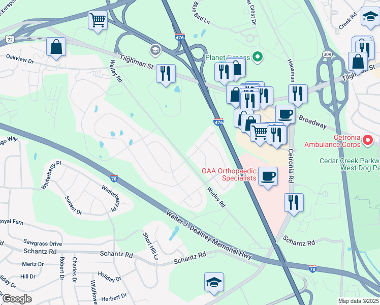 map of restaurants, bars, coffee shops, grocery stores, and more near 343 Pennycress Road in Allentown