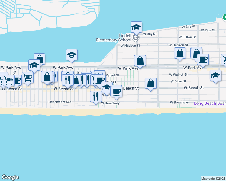 map of restaurants, bars, coffee shops, grocery stores, and more near 157 Grand Boulevard in Long Beach