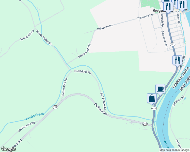 map of restaurants, bars, coffee shops, grocery stores, and more near 247 Red Bridge Road in Kintnersville