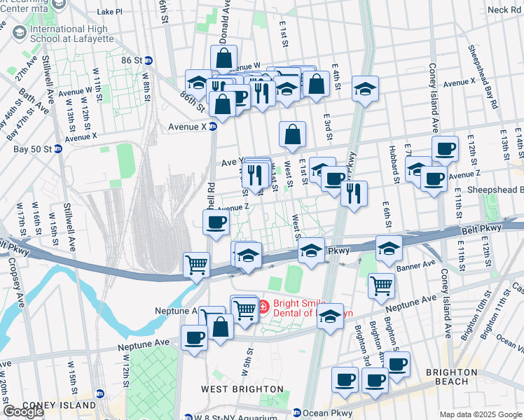 map of restaurants, bars, coffee shops, grocery stores, and more near 2631 West 2nd Street in Brooklyn