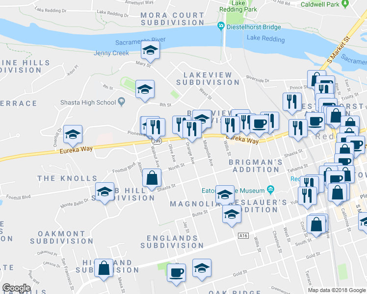 map of restaurants, bars, coffee shops, grocery stores, and more near 1114 Orange Street in Redding