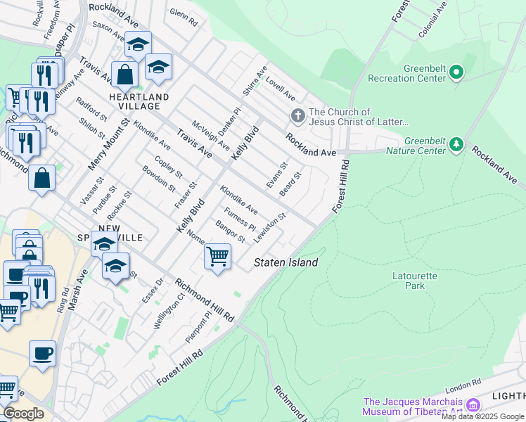 map of restaurants, bars, coffee shops, grocery stores, and more near 423 Klondike Avenue in Staten Island