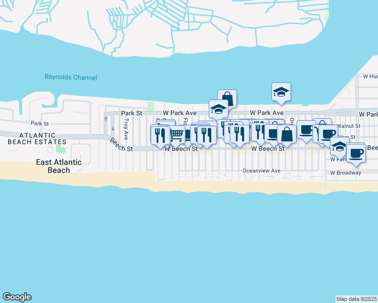 map of restaurants, bars, coffee shops, grocery stores, and more near 44 Georgia Avenue in Long Beach