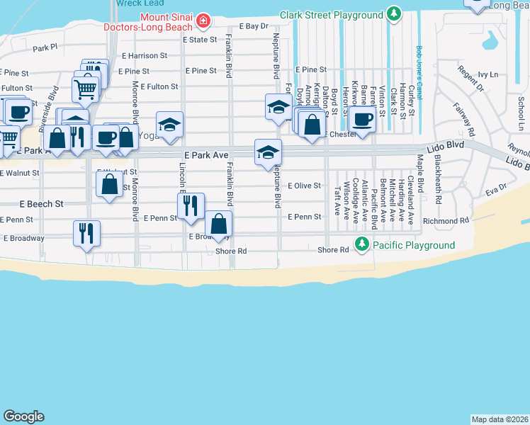 map of restaurants, bars, coffee shops, grocery stores, and more near 115 Neptune Boulevard in Long Beach