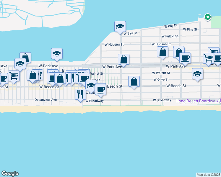 map of restaurants, bars, coffee shops, grocery stores, and more near 645 West Penn Street in Long Beach
