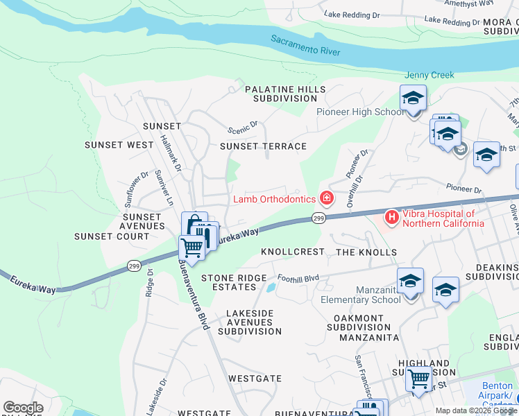 map of restaurants, bars, coffee shops, grocery stores, and more near 3405 Sunset Drive in Redding