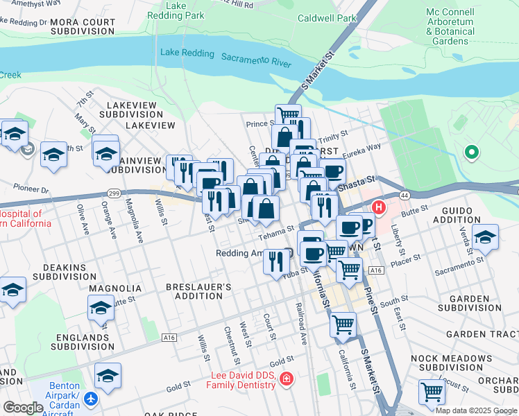 map of restaurants, bars, coffee shops, grocery stores, and more near 1700 Shasta Street in Redding