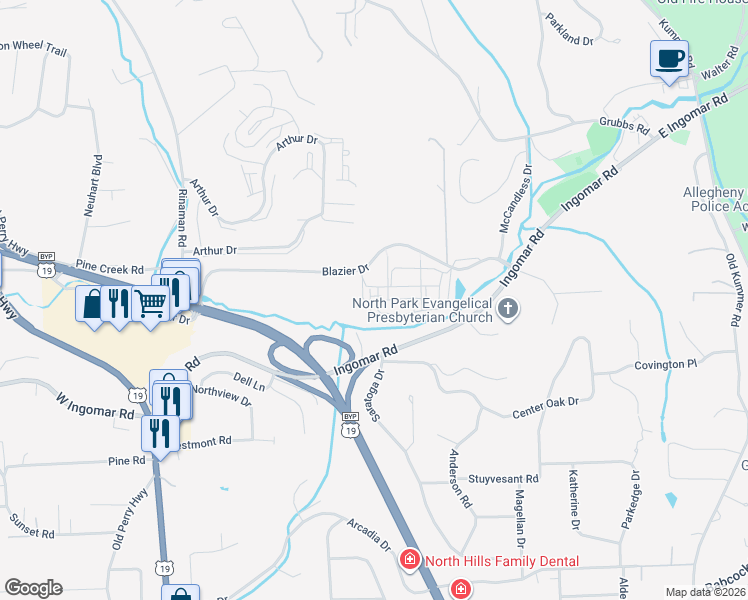map of restaurants, bars, coffee shops, grocery stores, and more near 551 Blazier Drive in Wexford