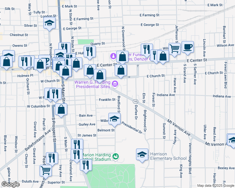 map of restaurants, bars, coffee shops, grocery stores, and more near 267 Bradford Street in Marion