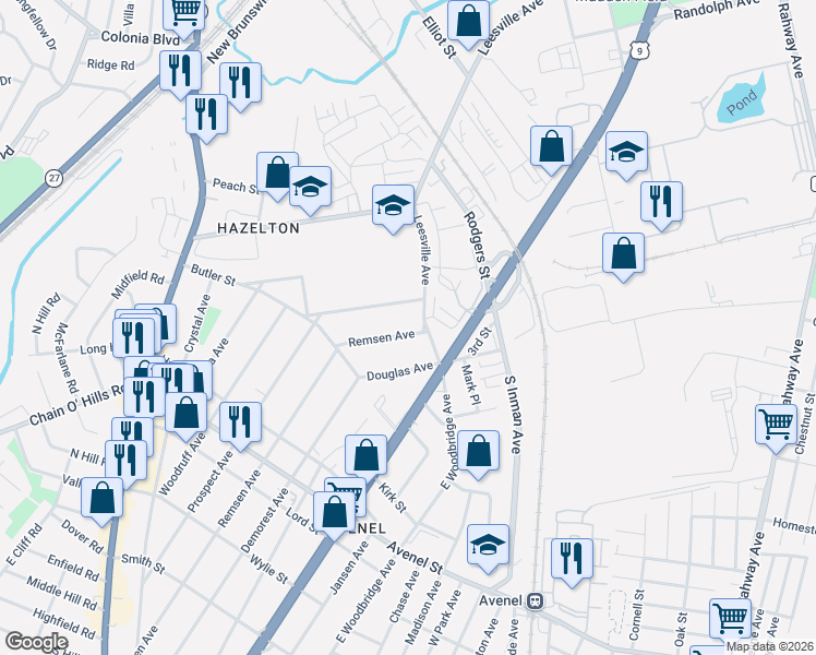map of restaurants, bars, coffee shops, grocery stores, and more near 441 Remsen Avenue in Woodbridge Township