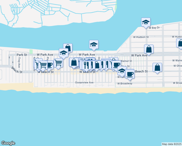 map of restaurants, bars, coffee shops, grocery stores, and more near 43 Delaware Avenue in Long Beach