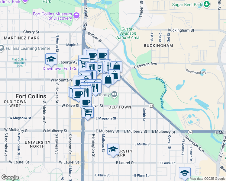 map of restaurants, bars, coffee shops, grocery stores, and more near 324 East Oak Street in Fort Collins