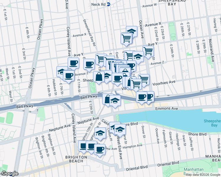 map of restaurants, bars, coffee shops, grocery stores, and more near 1513 Voorhies Avenue in Brooklyn