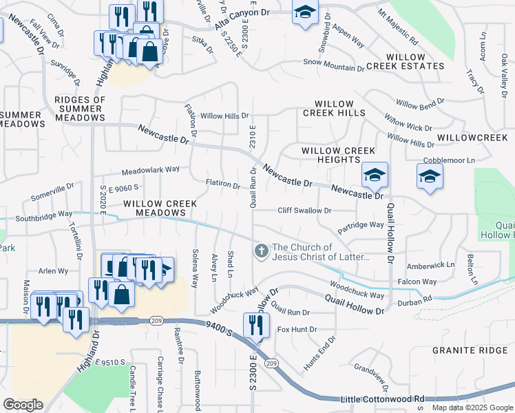 map of restaurants, bars, coffee shops, grocery stores, and more near 2333 Cliff Swallow Drive in Sandy