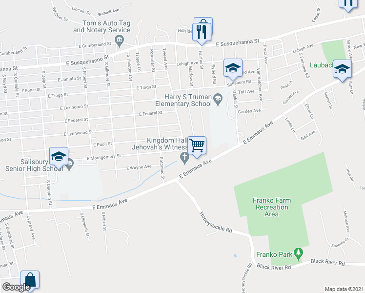 map of restaurants, bars, coffee shops, grocery stores, and more near 958 East Montgomery Street in Allentown